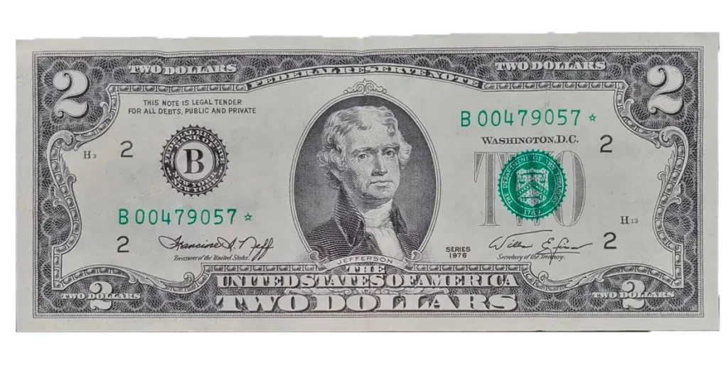 1976 two dollar federal reserve star note $2 low serial number