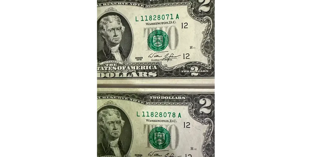 2 dollar bill 1976 rare “1” starting serial number with misprint inking errors